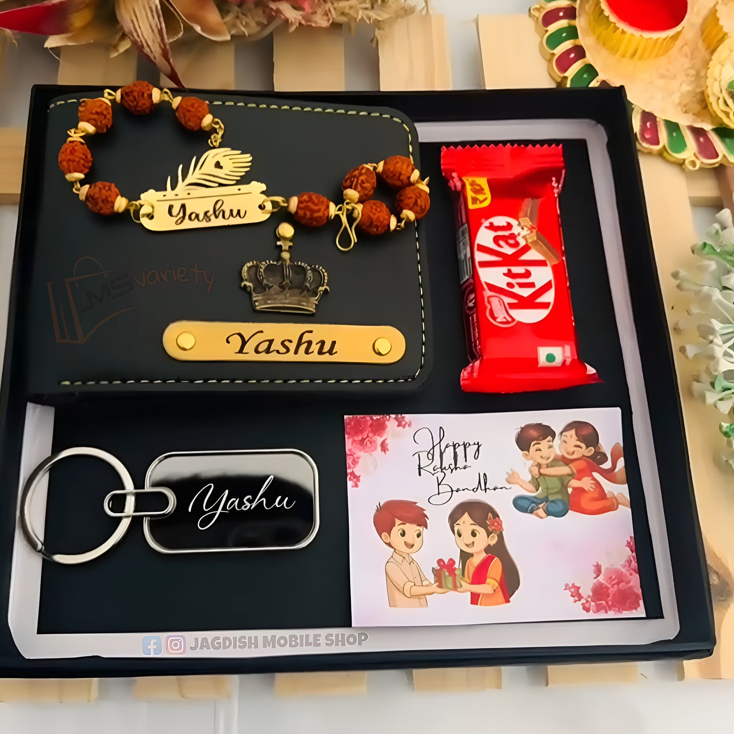 Customized Name Plate Rudraksh Rakhi With Combo Gift