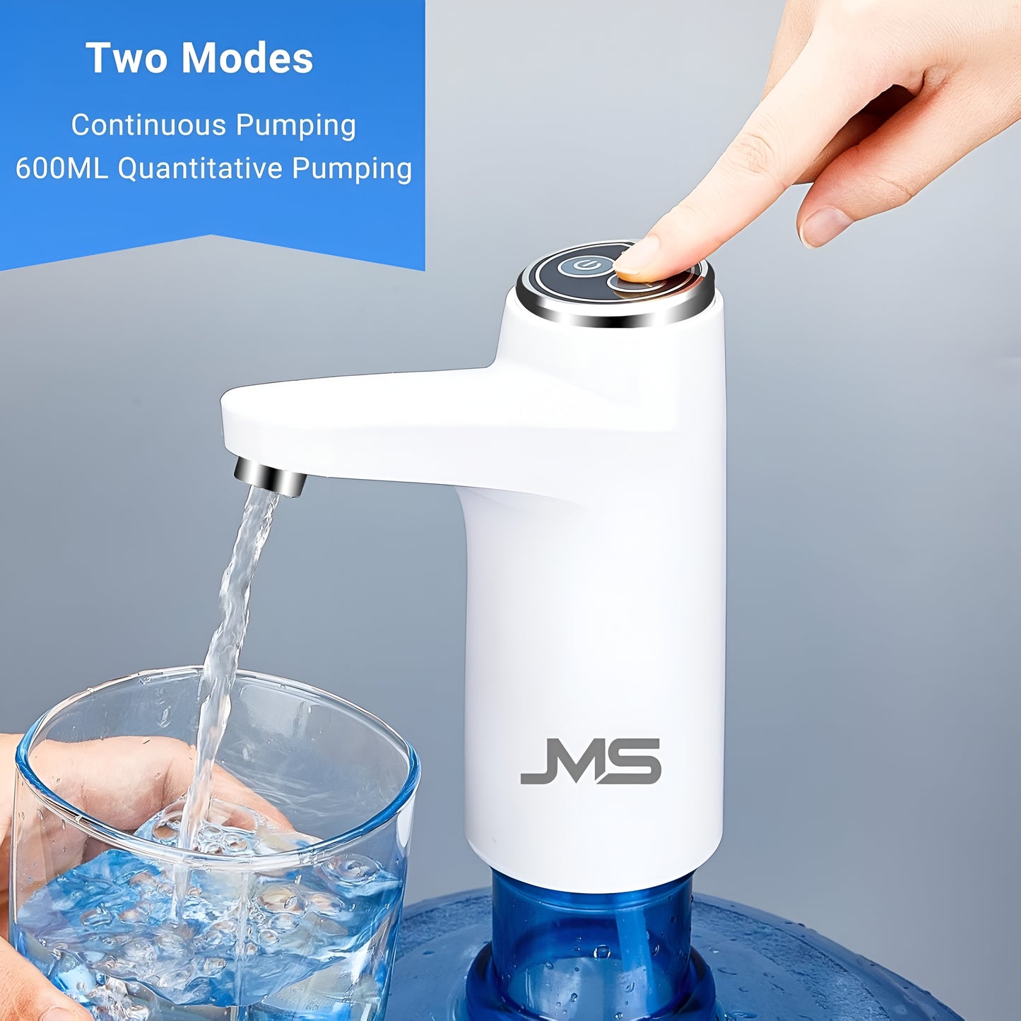 JMS Electric Water Dispenser & Oil Dispenser, Portable Water Bottle Pump for 5 Gallon Bottle, Quantitative Pumping, USB Charging, Fast Water, Low Noise, for Home, Office and Outdoor, White