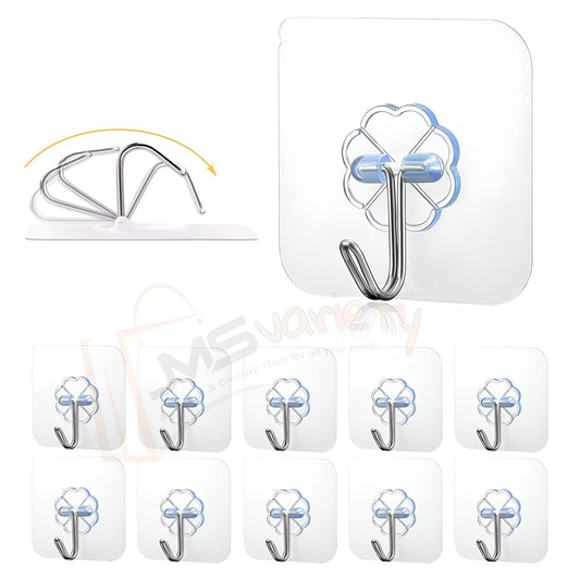 10 Pack Sticky Wall Hooks are Transparent and Thick, Could Hang 22lbs/10kg Max. They are Waterproof, Oilproof and Seamless, Suitable for Kitchens, Restrooms, Bathrooms and More (10)