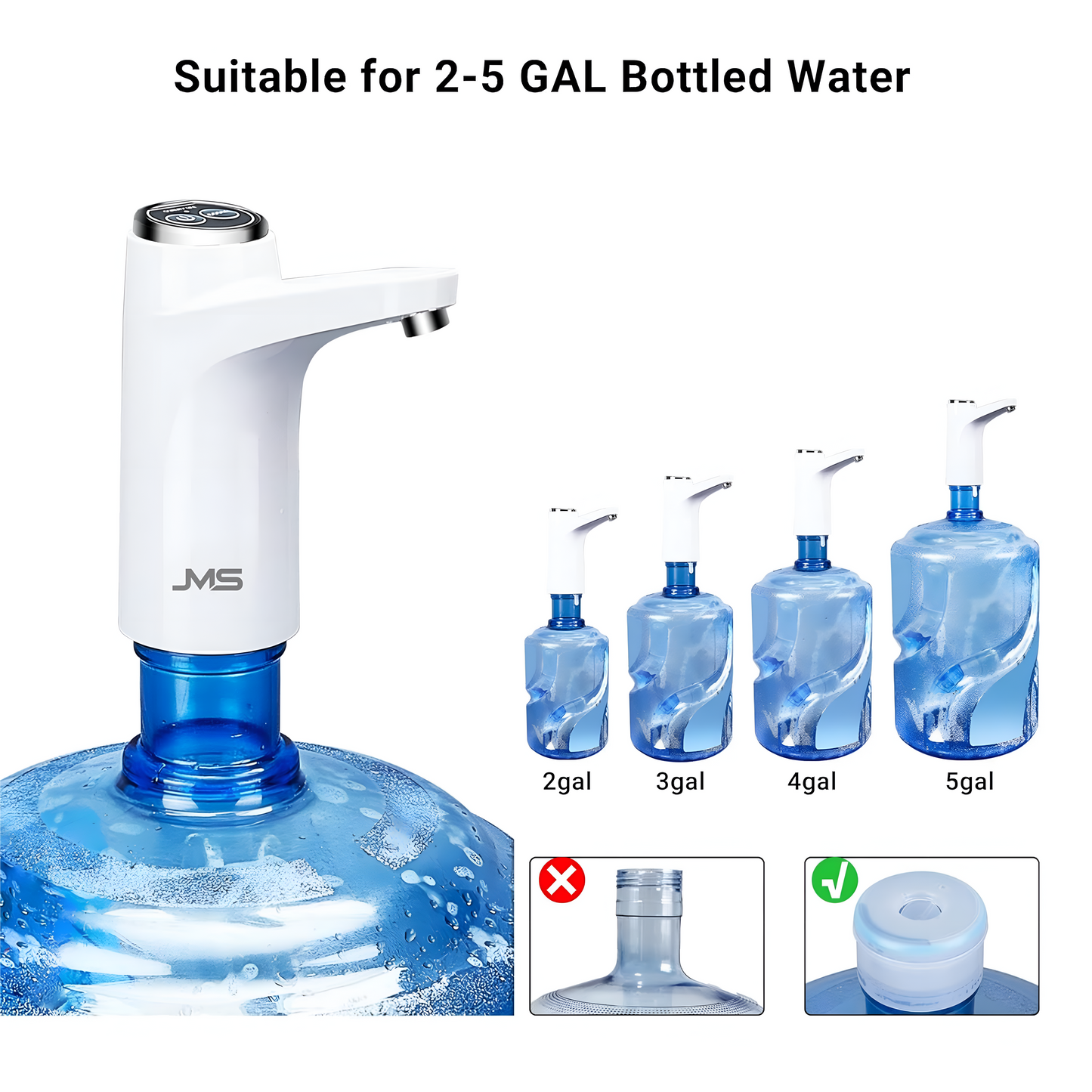 JMS Electric Water Dispenser & Oil Dispenser, Portable Water Bottle Pump for 5 Gallon Bottle, Quantitative Pumping, USB Charging, Fast Water, Low Noise, for Home, Office and Outdoor, White