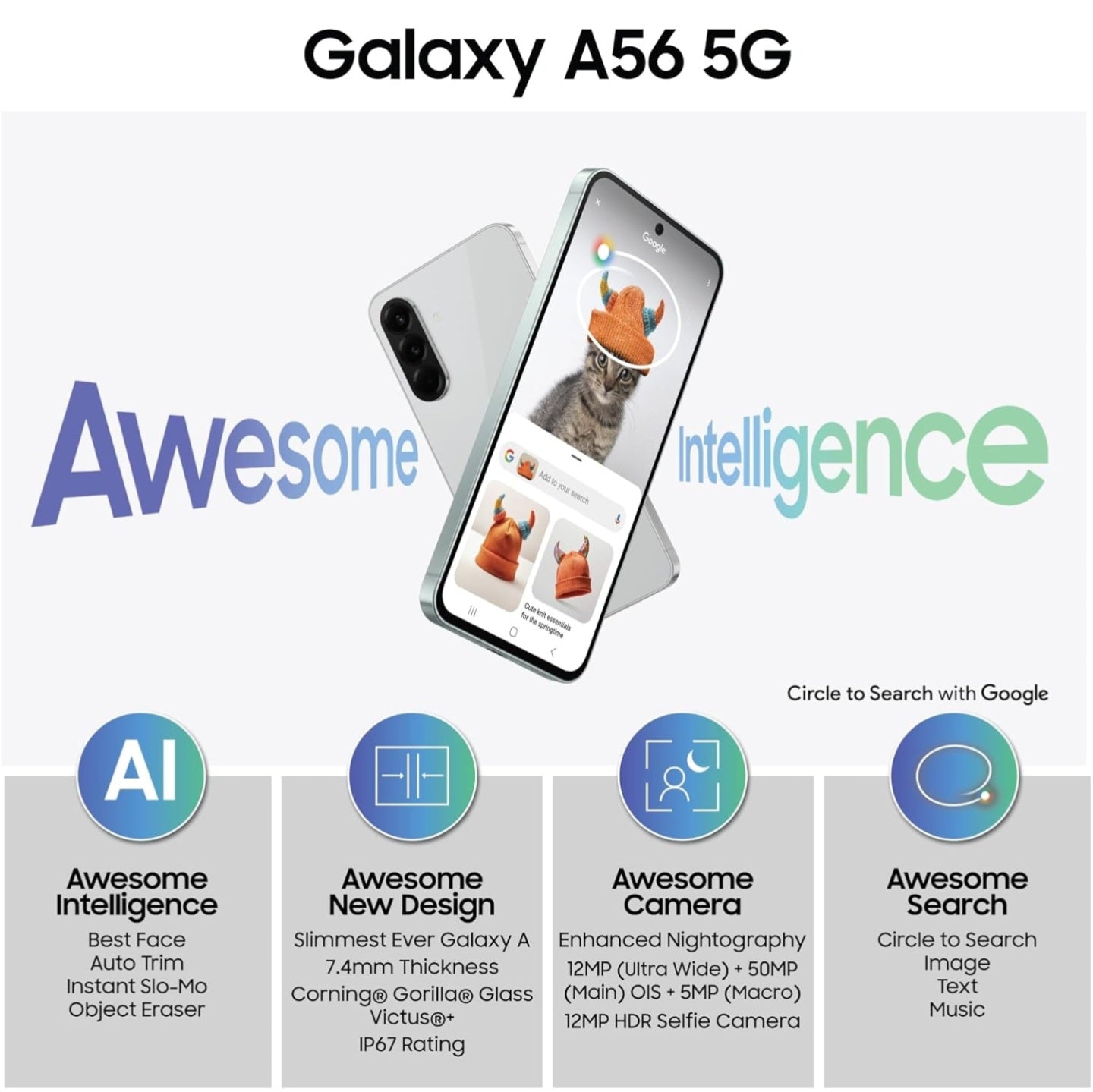 Samsung Galaxy A56 5G (Awesome Graphite) | Metal Frame | Gemini Live | Awesome Intelligence (AI): Circle to Search, Instant Slo-Mo, Auto-Trim, Object Eraser | Flagship Grade Camera