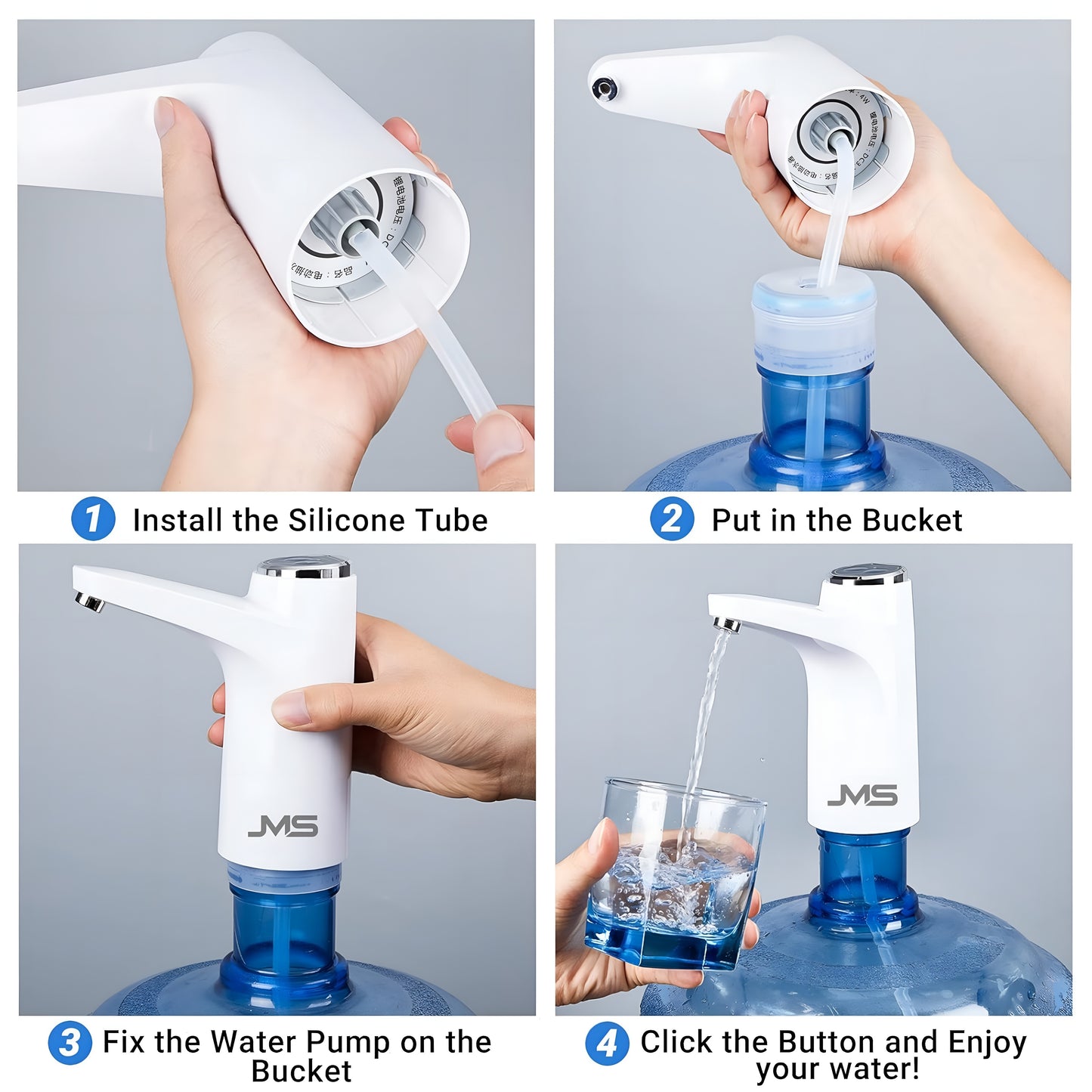JMS Electric Water Dispenser & Oil Dispenser, Portable Water Bottle Pump for 5 Gallon Bottle, Quantitative Pumping, USB Charging, Fast Water, Low Noise, for Home, Office and Outdoor, White